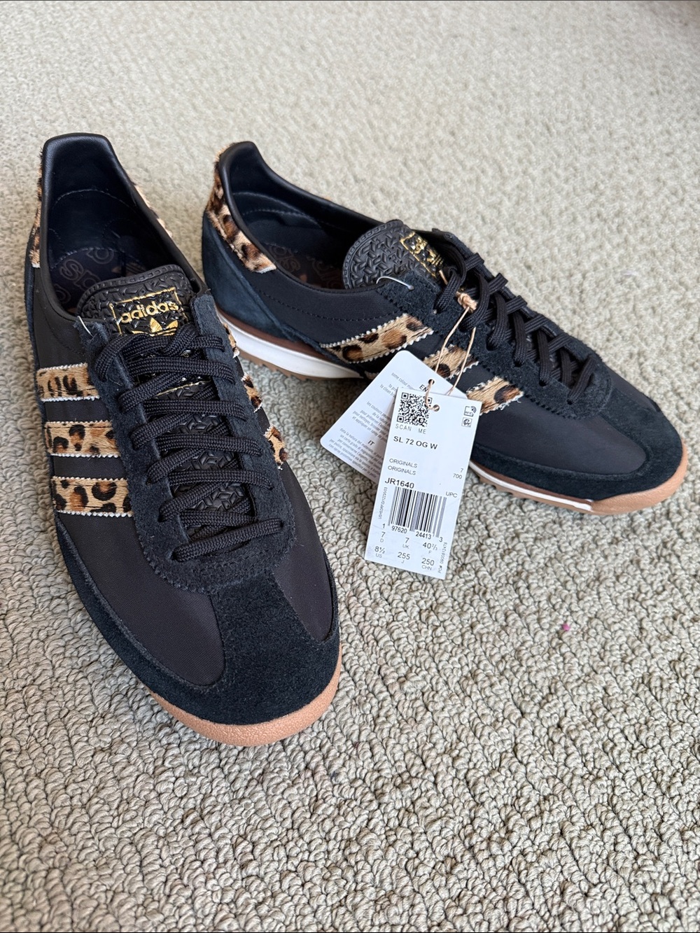 adidas Originals SL 72 Sneakers with Leopard Stripes, Gum Soles and Gold Logo